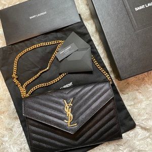 AUTHENTIC YSL WALLET CHAIN BAG Gold/Black